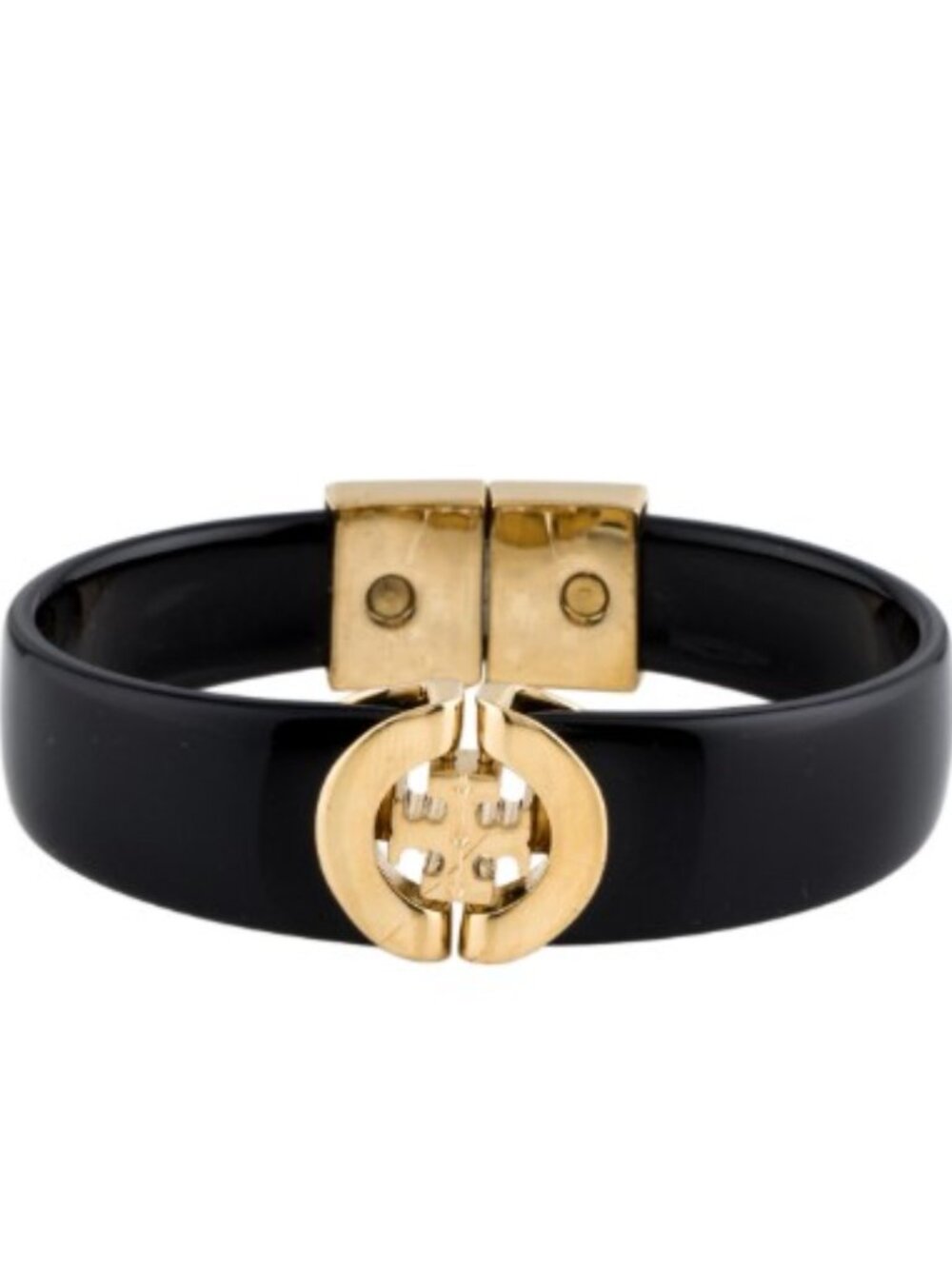 Tory Burch Resin Logo Hinged Bangle - Black / Gold-Tone Bangle Bracelet